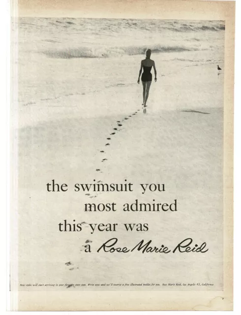 1956 Rose Marie Reid Women's Swim Suits woman walking on beach Vintage Print Ad