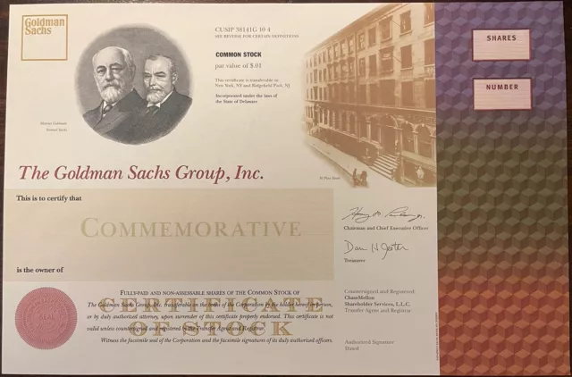 Goldman Sachs Group Inc 1998 Commemorative Stock Specimen