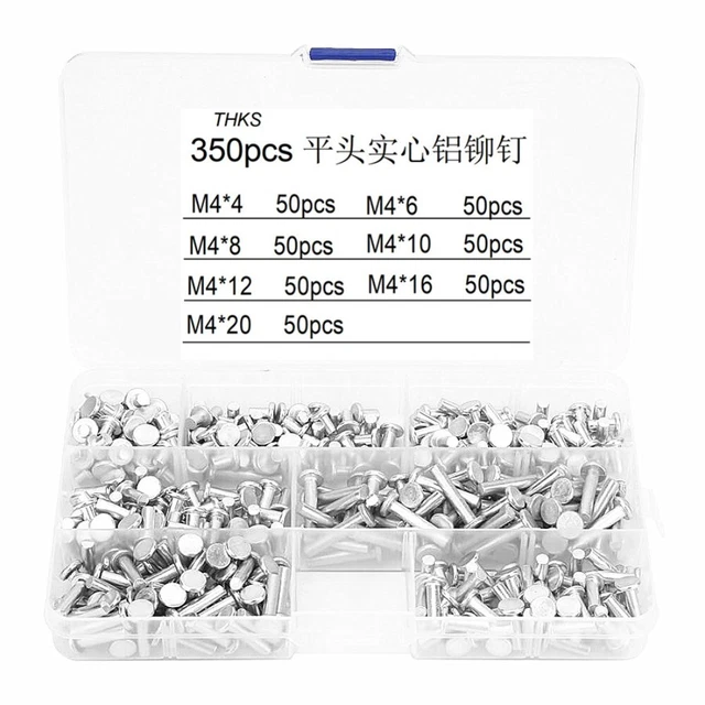 350pcs M4 Flat Head Solid Aluminum Rivet Assortment Kit