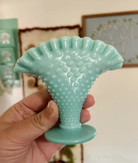 Vintage 50's Fenton Mini Fan Vase 4" Hobnail Turquoise Pastel Milk Glass Ruffle