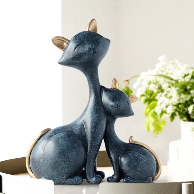 Statue en Résine Représentant 2 Chats Couple Amour Ronronnement Foyer Bleu Blanc