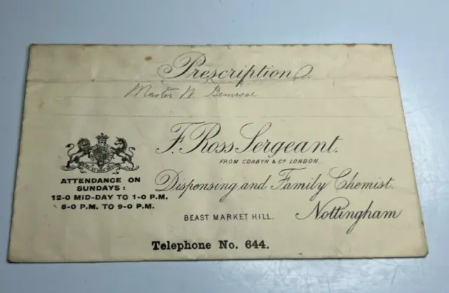 Antique Pharmacy Prescription Envelope F. Sergeant Beast Market Hill Nottingham