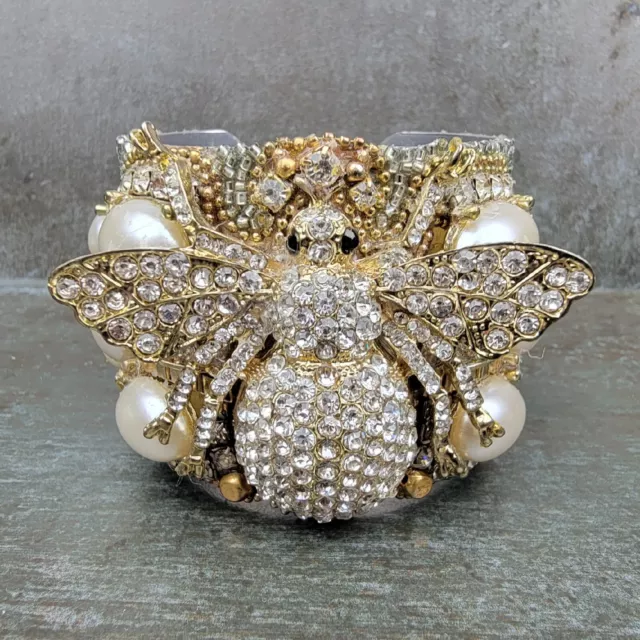 Rare Fabulous 70-80's Signed M Bee Cuff Bracelet W/ Faux Pearls Crystals Beads