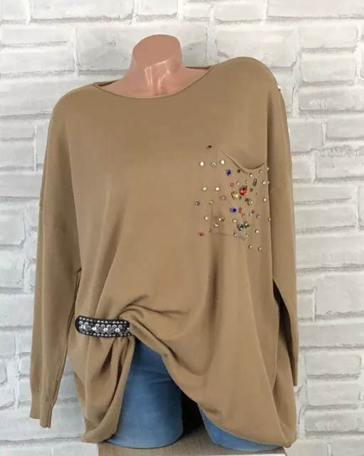 Oversize Feinstrick Pullover Tunika Pulli Shirt Strass 42 44 46 Taupe Braun 8430