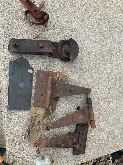 Vintage barn door hinges, lock, Pulley Rusty