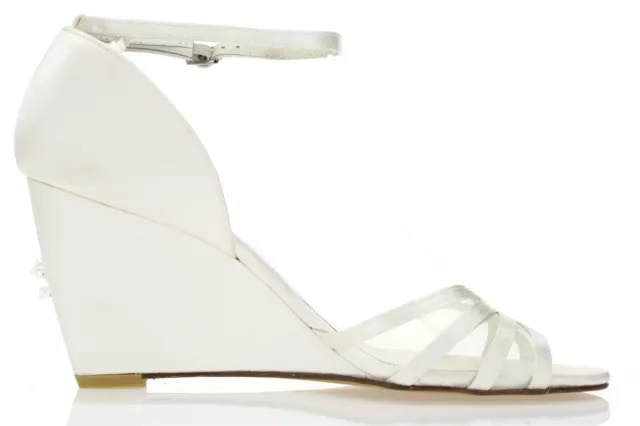 Womens MENBUR White / Beads Satin Wedding Wedge Ankle Strap Sandals Sz. 40 3