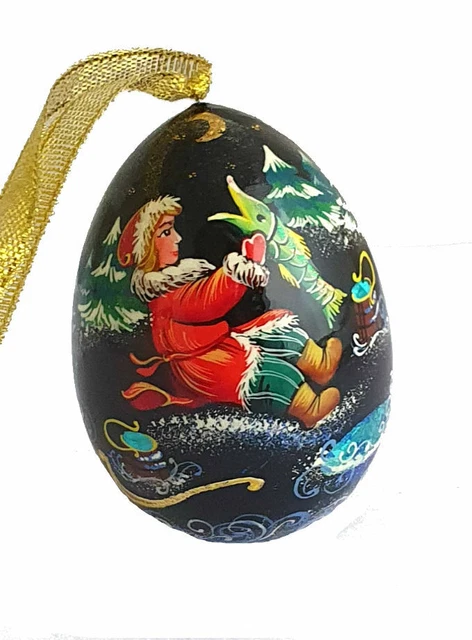 Boule De Noël En Bois Peinte à La Main - Motif Troïka Et Paysage Russe, Artisanat Russe, Neuve