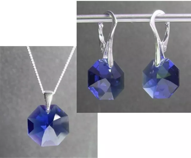 Echt Silber Schmuck-Set mit Swarovski® Kristallen dunkel-blau Ohrringe Kette