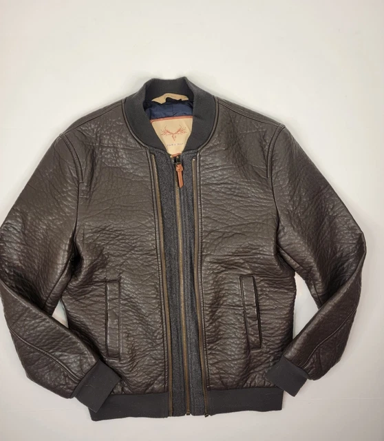 Zara Man Sz XL Jacket Faux Leather Bomber Moto Lined Texture Zippers Brown
