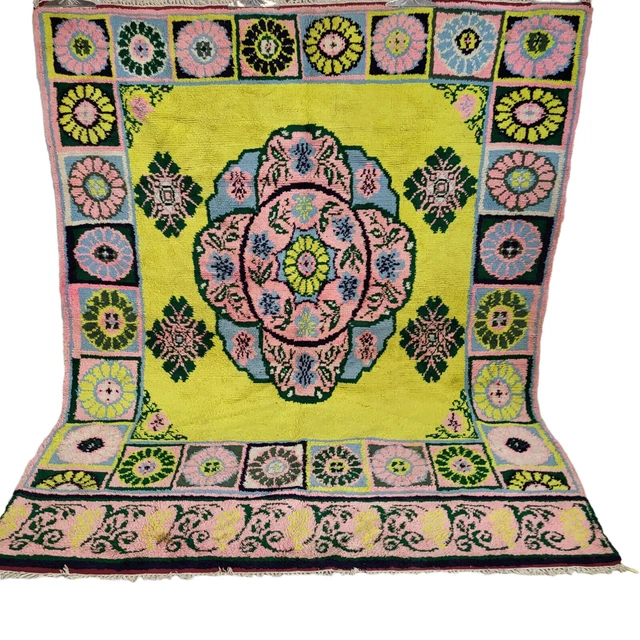 Vintage Moroccan Rug Handmade Boujad Floral Area pink Yellow Carpet Berber Wool
