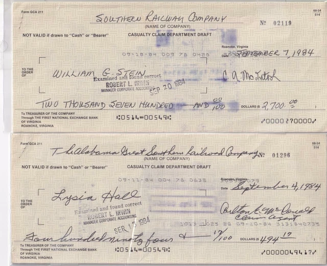1984 LOT of checks from Southern Railway, AGS, CNO&TP & GS&F railroads