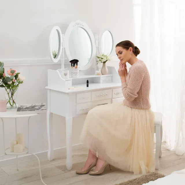 Coiffeuse meuble table de maquillage tabouret commode avec 3 miroirs blanc 2