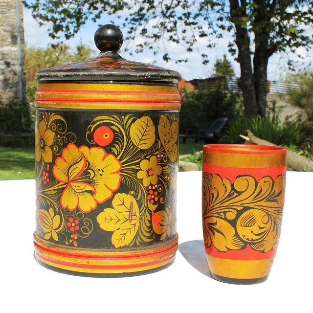 Coupe en bois D9 cm H13 cm KHOKHLOMA RUSSE peinte main laquée vernis