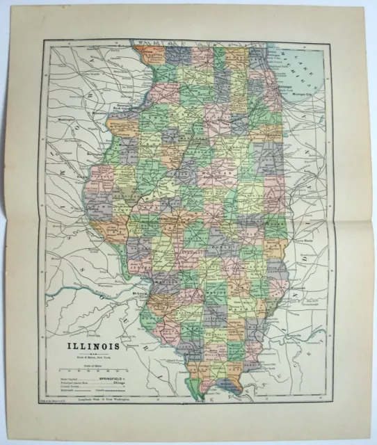 Illinois - Original 1895 Map by Hunt & Eaton. Antique