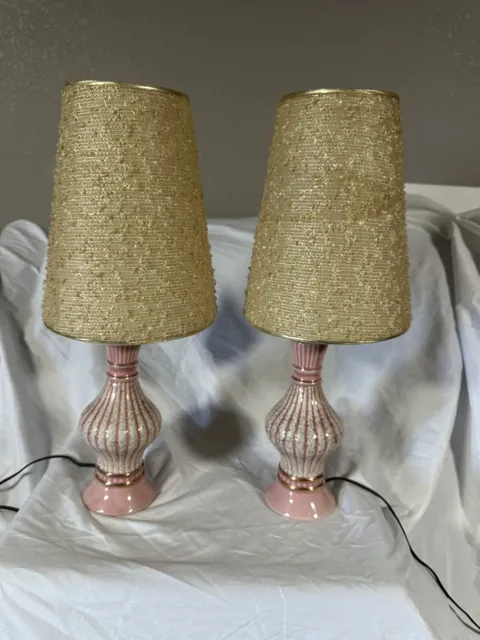 Pair Vintage Mcm Small Bedroom Boudoir Table Lamps Pink White Gold Specks 2