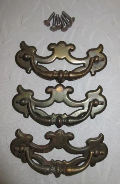 3 Vintage Brass? Metal Bail Drawer Chest Pulls Cabinet Dresser Door Handles Lot