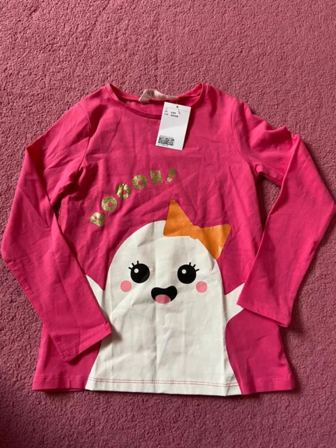 Bnwt Girls Pink H&M Cute Ghost Long Sleeve Top Age 6-8 Years