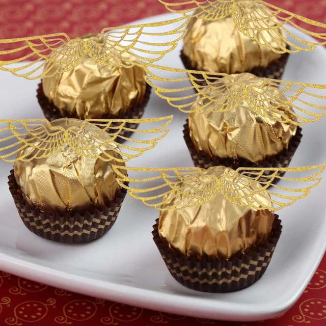 50 piezas papel chocolate alas doradas pastel de chocolate alas postre topper