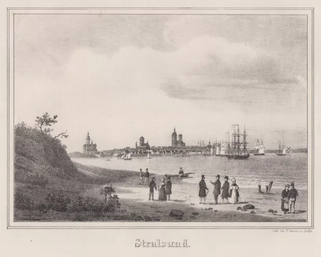 Stralsund Vista General Original Litografía Sanne 1844