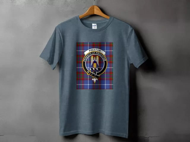 Preston Clan Tartan Crest Graphic Tee, Scottish Heritage Unisex T-Shirt