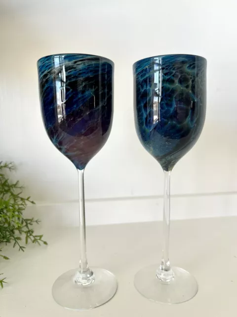 2 Josh Simpson Glass Blue New Mexico Goblets / Wine Glass Dichroic Amethyst 1985