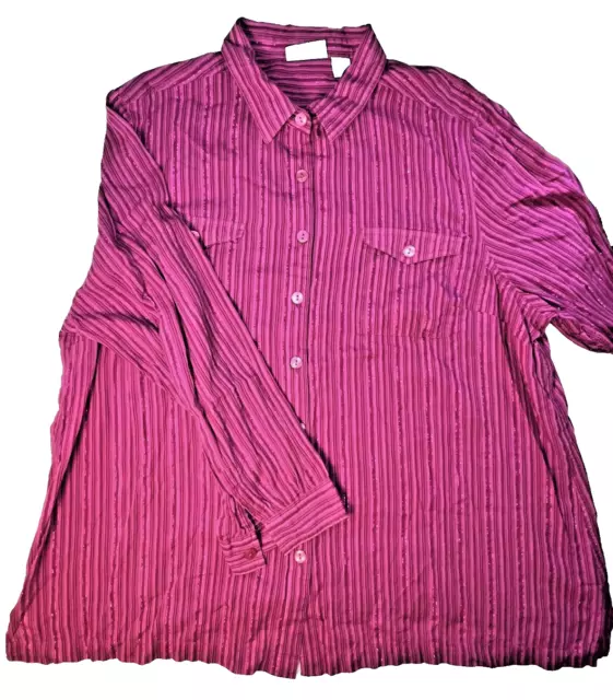 Liz & Me Womens Top Size 2X Pink Striped Long Sleeve Button Up Sparkle 3265