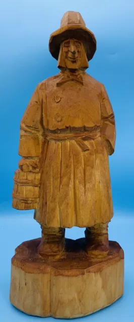 Old Hand Carved Wooden Man Folk Art 14” Tall Wood Figure Statue Artist Signed BB