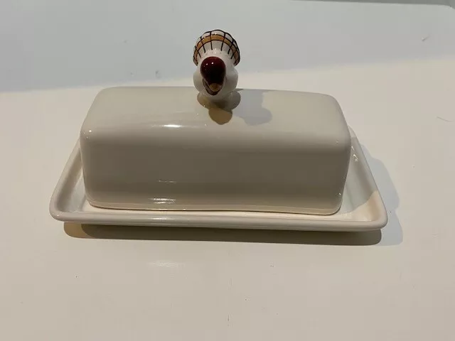 POTTERY BARN GOBBLE Butter Dish Covered w/Turkey Handle White ...
