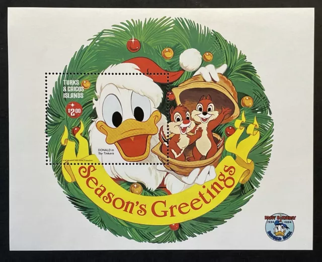 TURKS & CAICOS DISNEY CHRISTMAS STAMPS SS 1984 MNH DONALD DUCK 50th ANNIVERSARY