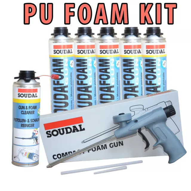 Soudal Pu Expanding Foam Kit- 5 Cans 750Ml + Compact Gun + Gun Cleaner 500Ml