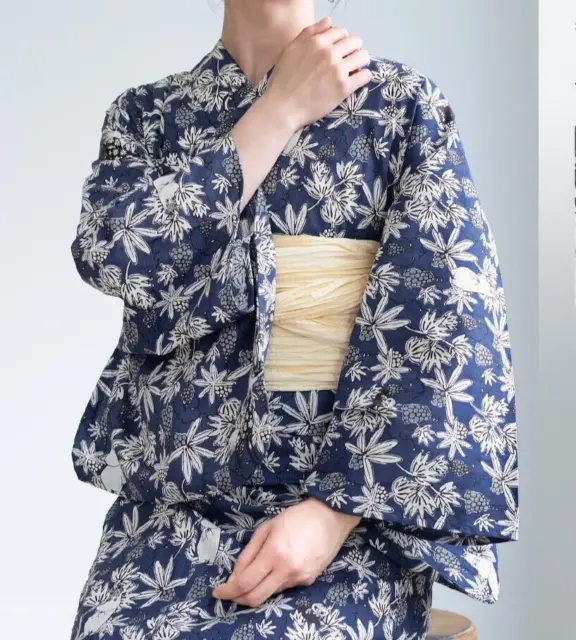 Moomin Yukata Women's Girls Navy Floral 100% Cotton Japanese Traditional Kimono