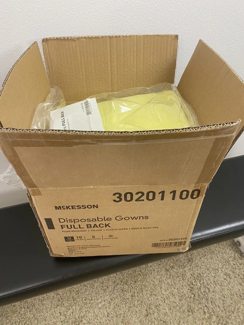 50X McKesson Gowns Full Back, Elastic Cuffs, Neck/Waist Ties, Yellow, Fluid Resi