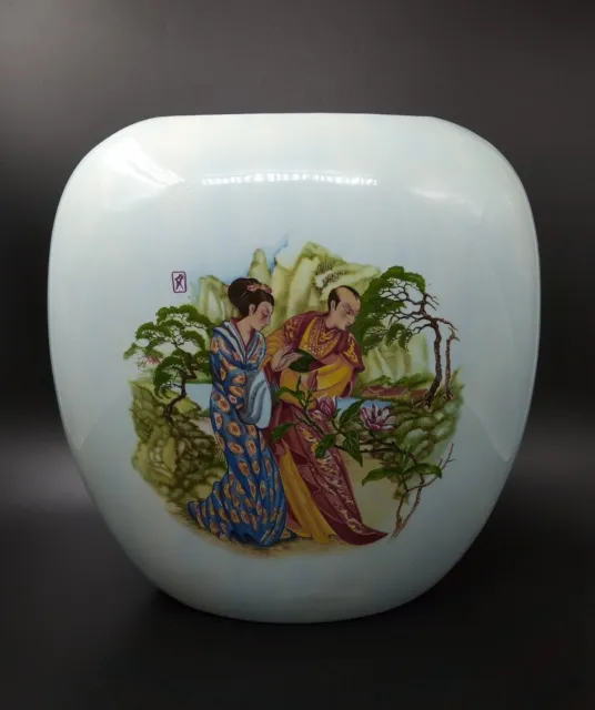 Vintage Flat-Sided Pale Blue Oriental  Vase Quail/Japan Courtship Scene 20cm