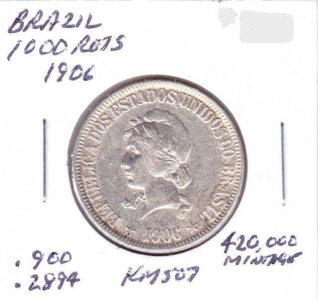 1906 Brazil 1000 Reis (KM-507)  0.2894 ASW Silver!  rim ding