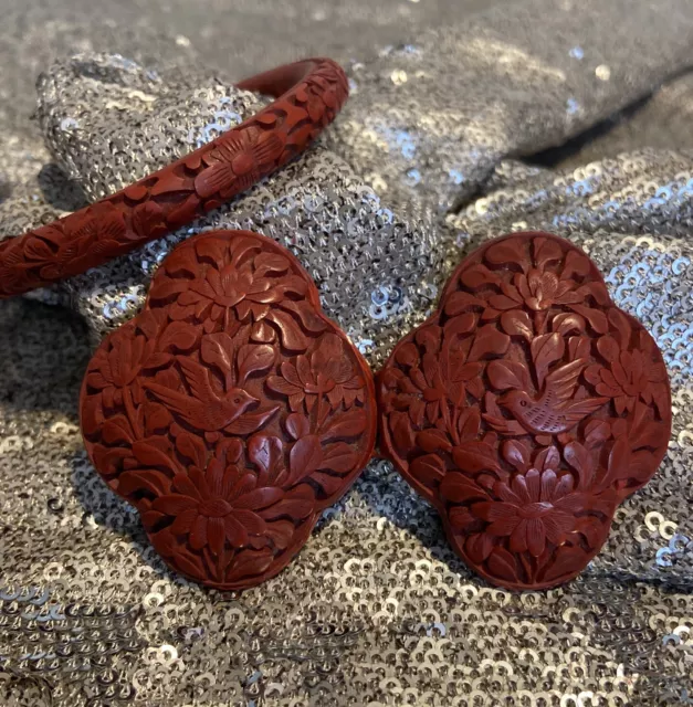 Vintage Chinese Red Cinnabar Belt Buckle And Bangle