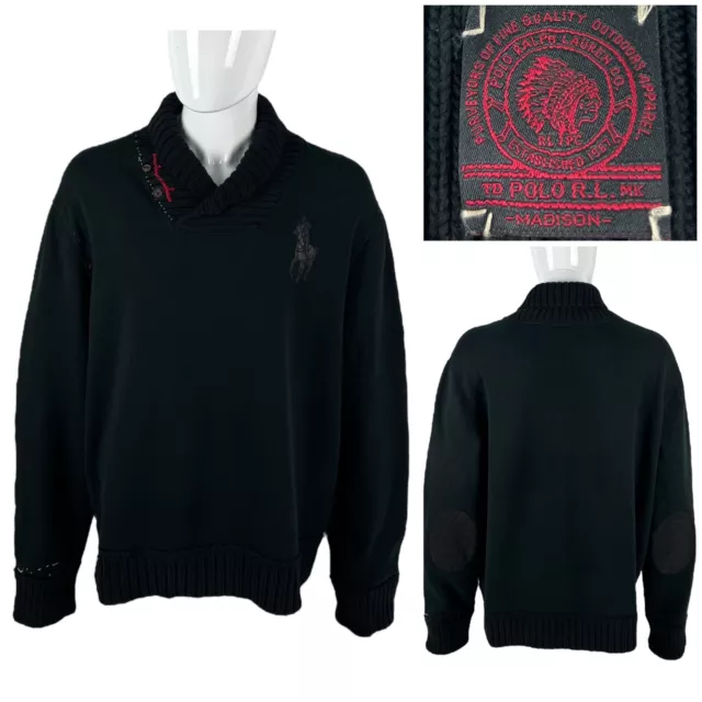 Polo Ralph Lauren Mens 2XL Sweater Black Elbow Patches Shawl Collar Rare Limited