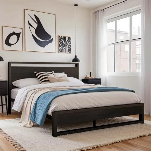 BED FRAME WITH Wood Headboard and Footboard, Heavy Duty Metal Queen