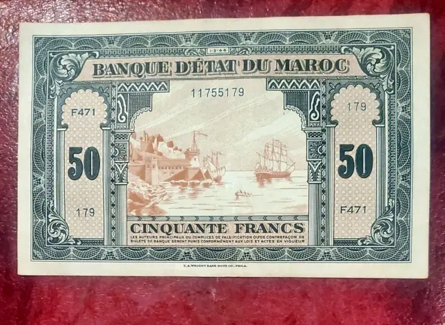 Morocco ~ Maroc ~ 50 Francs 1944 ~ P-26 ~ Super Crisp Extra Fine/About Unc
