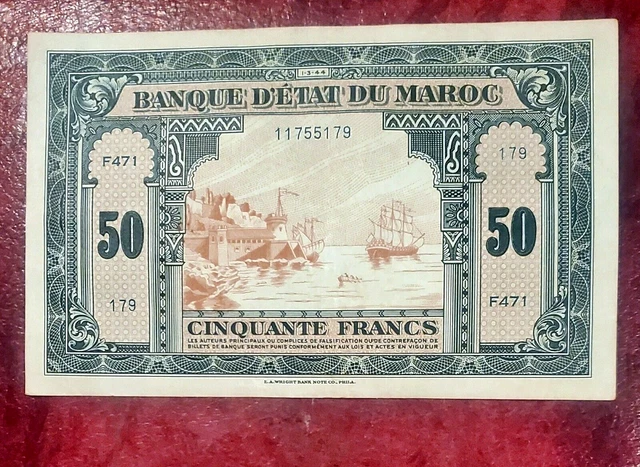 Morocco ~ Maroc ~ 50 Francs 1944 ~ P-26 ~ Super Crisp Extra Fine/About Unc