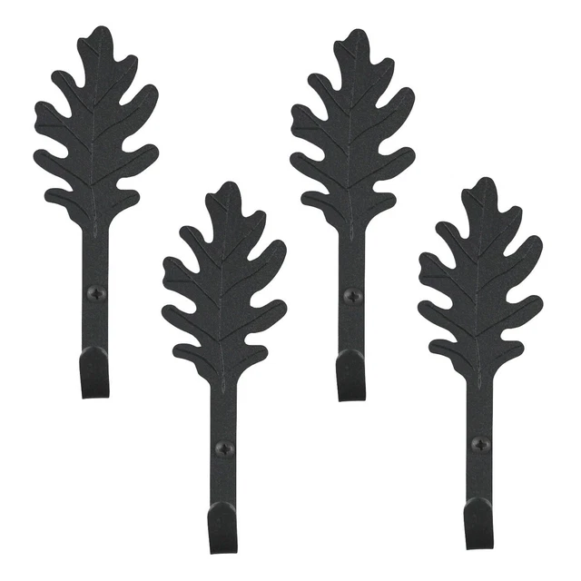 Black Wrought Iron Leaf Shaped Wall Mount Hooks 5" L Pack of 4
