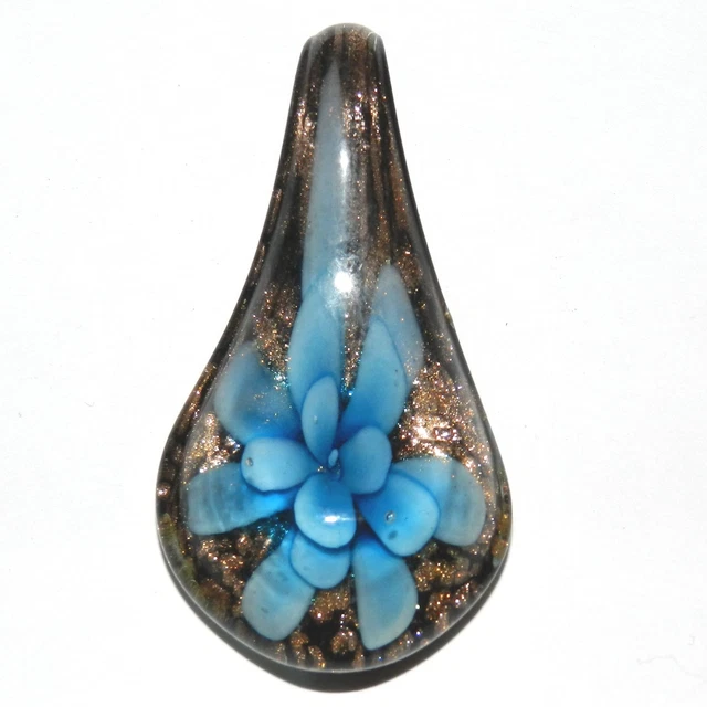P2462 Blue Flower with Gold Sparkles 55mm Lampwork Glass Spoon Drop Pendant