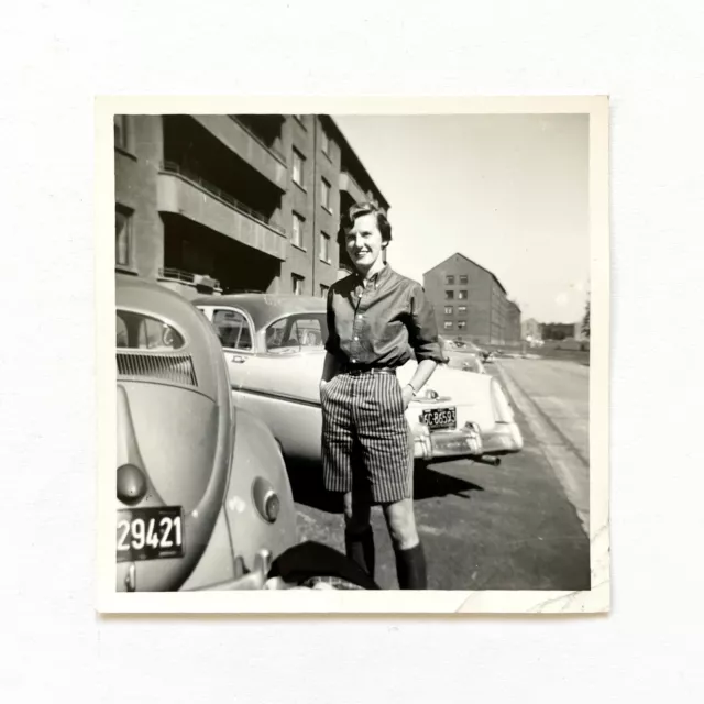 Real Vintage 1950s Volkswagen Beetle Bug & Woman Photograph VW B&W Photo