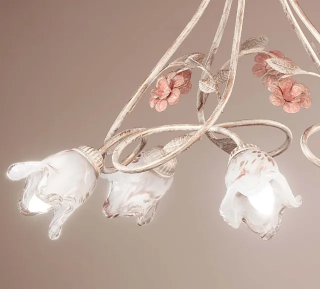 Lámpara de Araña Clásico Hierro Forjado Marfil Y Rosa con Flores A 5 Luces DP214 2