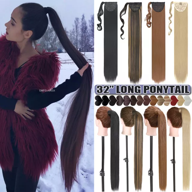 Extra Long 32" Wrap Around Ponytail Clip In Hair Extensions as Human Black Brown