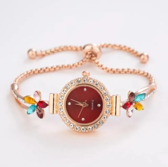Armbanduhr Uhren Damen Mädchen Strass Quarz Rot Blumen Modeschmuck Geschenk Neu