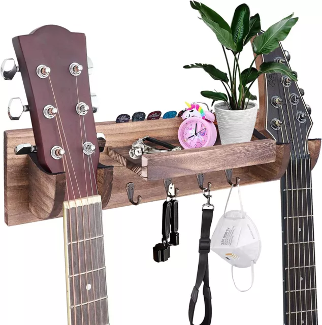 Double Guitar Wall Hangers, Wooden Wall Mount with Storage Shelf & Hook - Brown