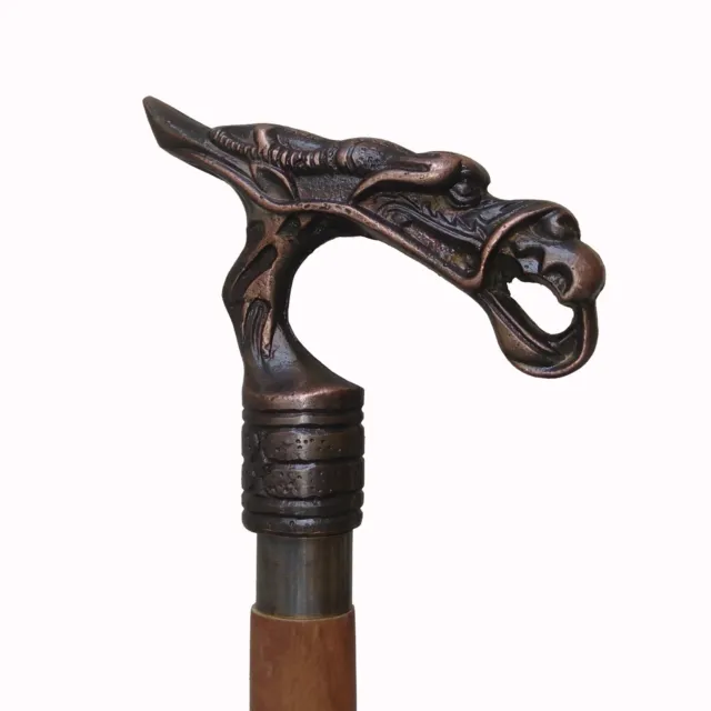 Solid Dragon Head Handle For Vintage Ornate Brown Wooden Cane Walking Stick