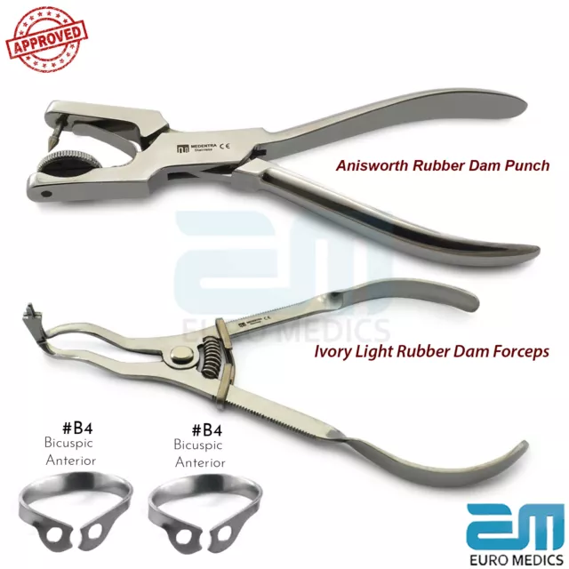 Rubber Dam Kit Ainsworth Punch Hole Pliers Ivory Light Forceps B4 Brinker Clamps