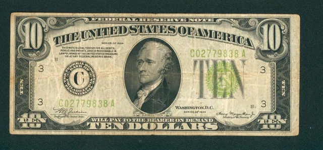 $10 1934 LGS LIME ((LIGHT GREEN SEAL)) Federal Reserve DAILY CURRENCY AUCTIONS 2