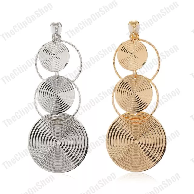 CLIP ON hoop DROP big RETRO EARRINGS textured metal GOLD/SILVER TONE